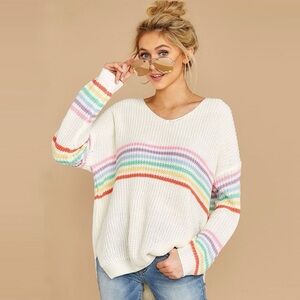 Rainbow Striped Knit Lightweight Breathable V-Neck Boho White Sweater Umgee Sz L